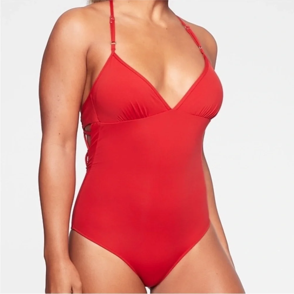 Athleta size Large Red Lace Up Back One Piece Swimsuit Swimwear‎ No Pads Modest